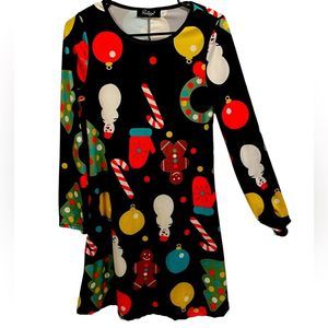 Ruiyize Christmas Novelty Santa Holiday Festive Present Long Sleeve Mini Dress